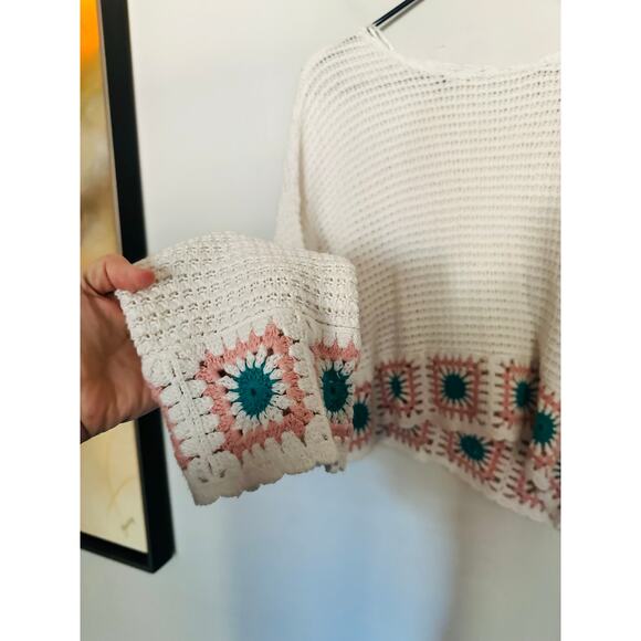 SINCERELY JULES White Green Square Granny Knitted Cottagecore Crop Sweater XL - Picture 5 of 8
